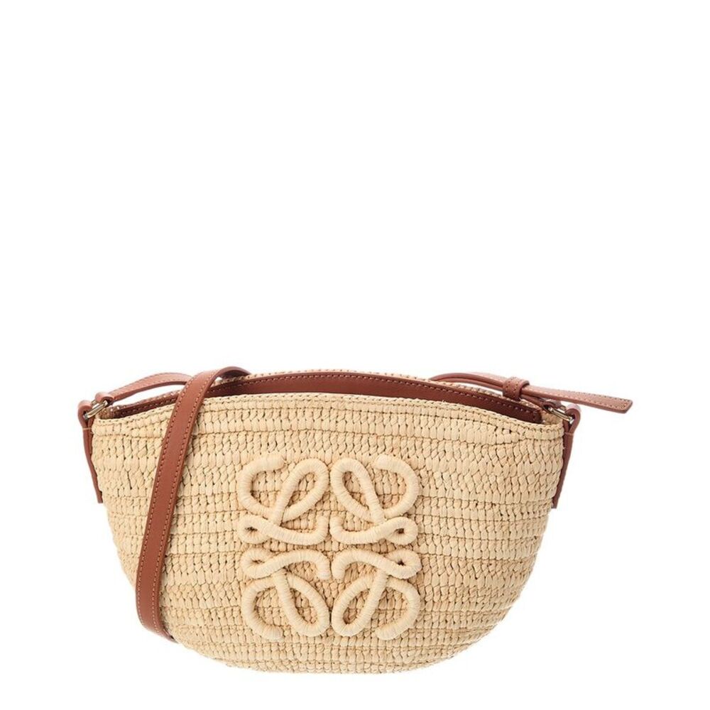 Loewe Logo Small Raffia & Leather Shoulder Bag, Beige